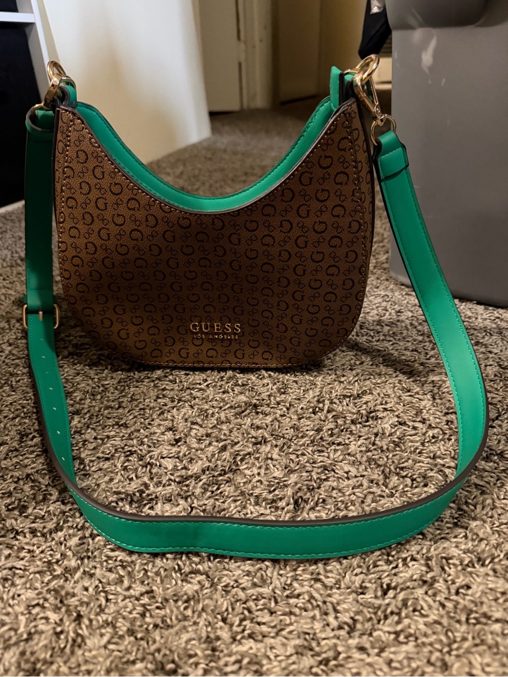 GUESS Brown Monogram Shoulder Bag with Green Trim and Strap